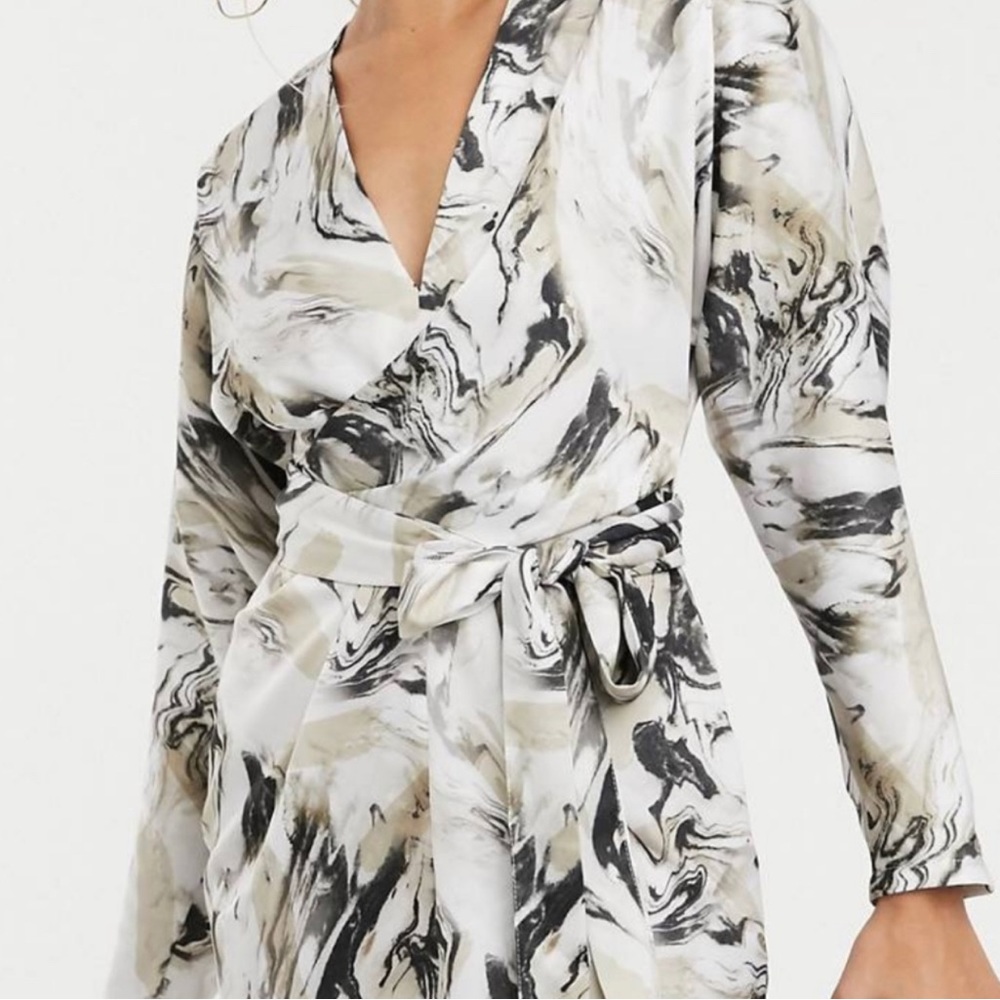 ASOS  Marble Print Dress, v neck, tie waist belt, grey , black and white tones 6